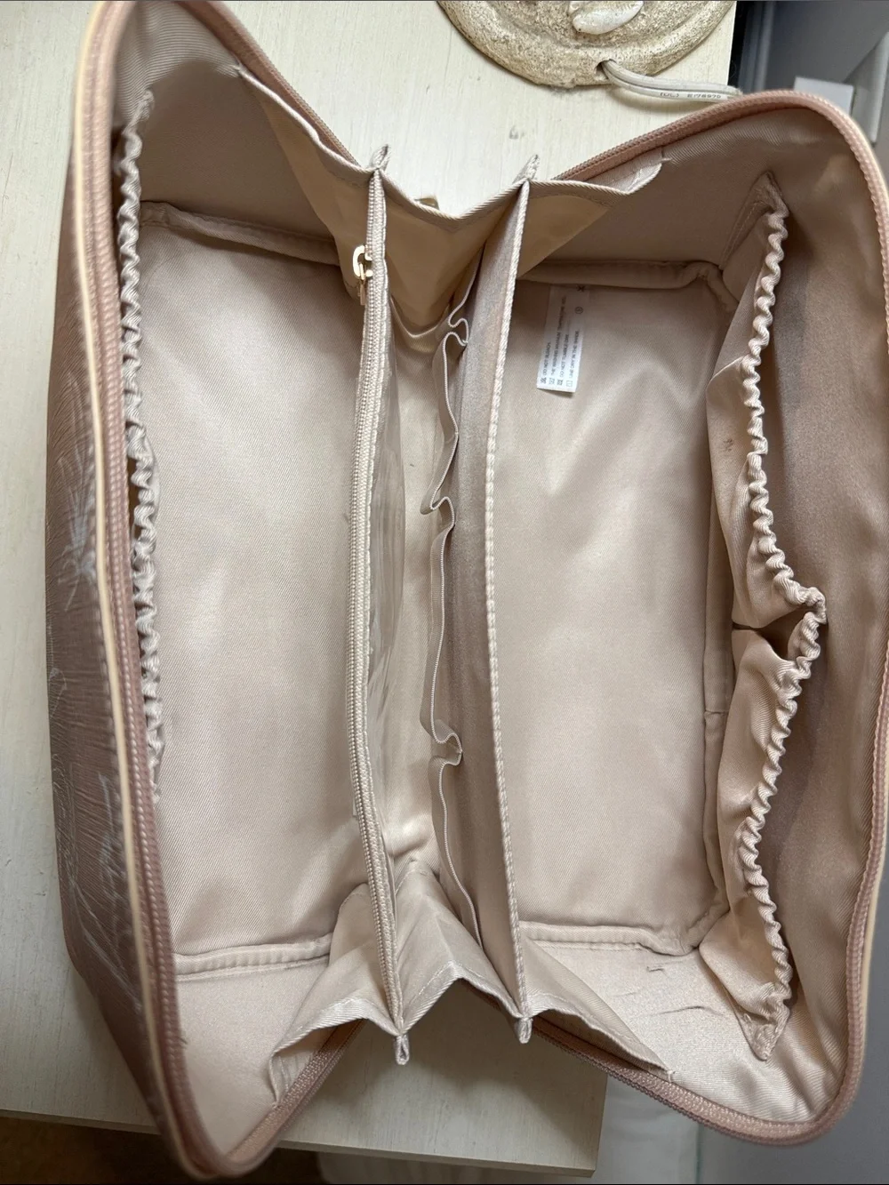 Beige Floral Cosmetic Case with Tan Handle